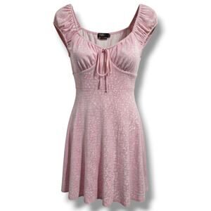 Women’s Pink Ribbed Short Sleeve Mini Dress with Front Tie – Size L